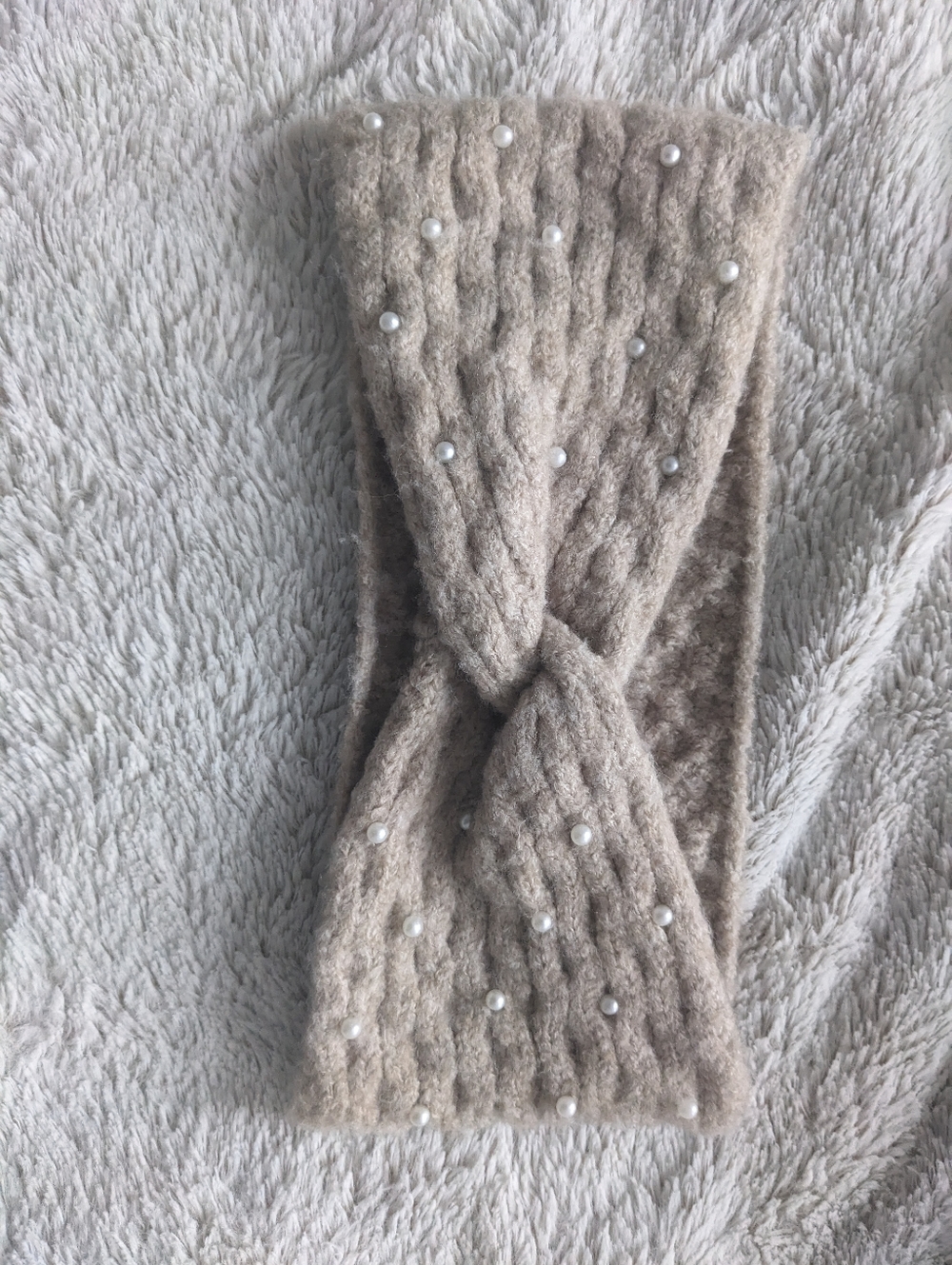 Pearl-Studded Beige Knit Headband